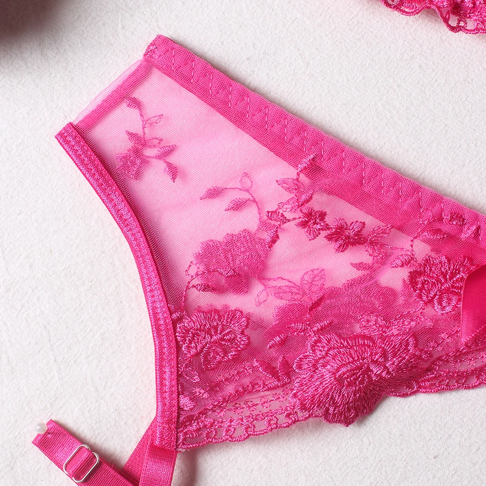 lace underwear set Floral Embroidery Bras Set Sexy Lingerie Women Thin Push up Bra Bra+Garters+Thong 3 Piece Set See Through Pink Underwear sexy bra panty