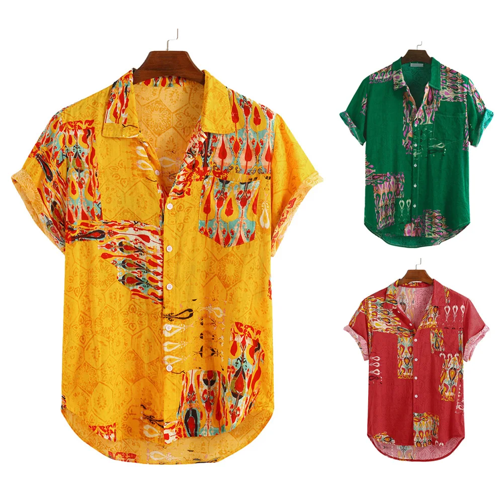 Мужская рубашка на пуговицах с коротким рукавом топы Гавайский стиль свободный крой Повседневный пляж