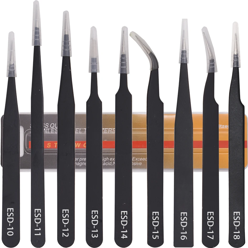 120pcs Yellow Package Black Tweezers HRC40 Antistatic Stainless Steel Nipper ESD-10 11 12 13 14 15 16 17 18 for Repairing
