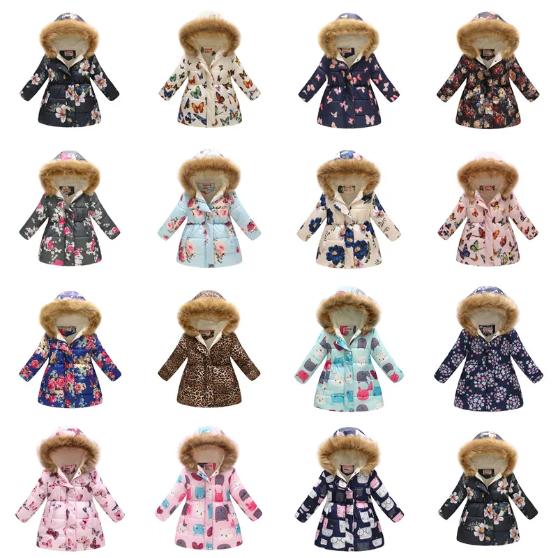 

2019 Girls Winter Casual Cartoon Butterfly Cotton Jackets Girl Fashion Fur Collar Hooded Warm Jacket Children Outerwear Coats