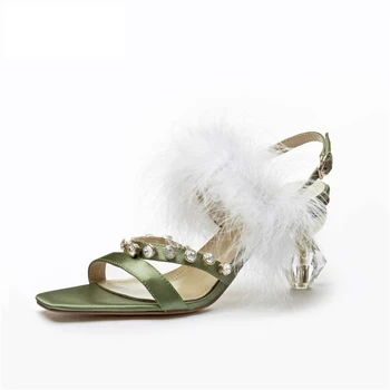 

Luxury Brand Shoes Woman Sandals Crystal Heel With Fur Sexy High Heels Pointed Toe Elegant Pumps For Ladies Party Shoes