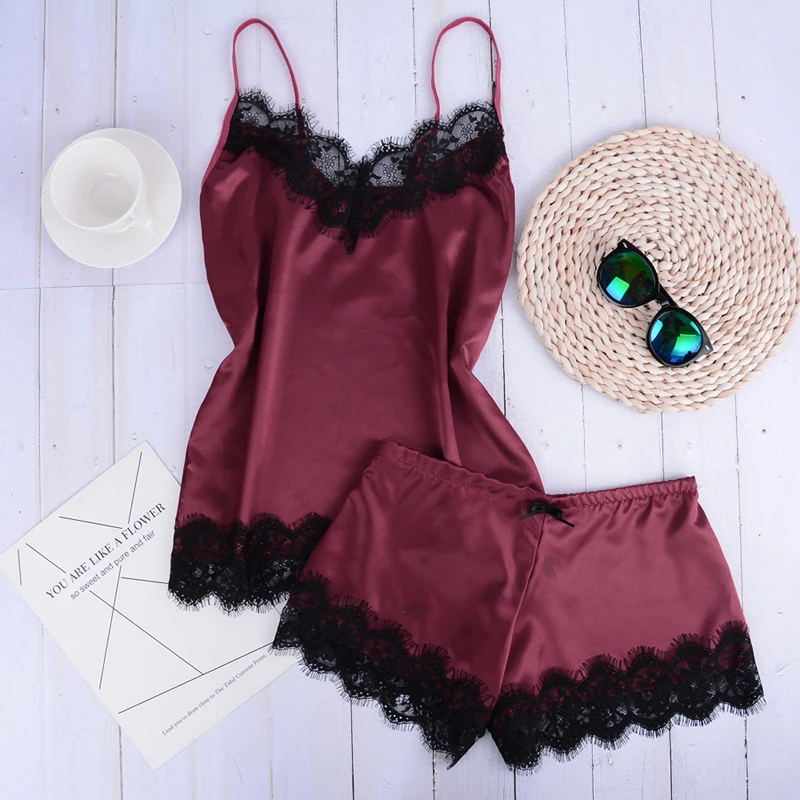 wine red A Одежда для сна с v-образным вырезом, женский сексуальный кружевной комплект нижнего белья, Атласный Камзол шорты, набор, одежда для сна, женская сексуальная одежда для сна, пижама - Цвет: wine red A