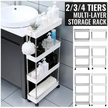 

3/4 Layer Storage Rack Movable with Wheels Assemble Plastic Bathroom Kitchen Shelf Space Saving Organizer Storage Cart
