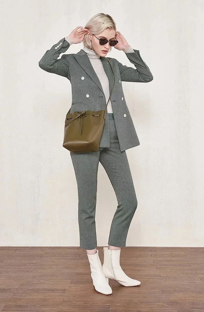 Женское пальто Ранняя осень Зеленый Клетчатый костюм куртка+ брюки костюм