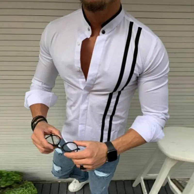 Новые модные мужские роскошные повседневные стильные облегающие рубашки с