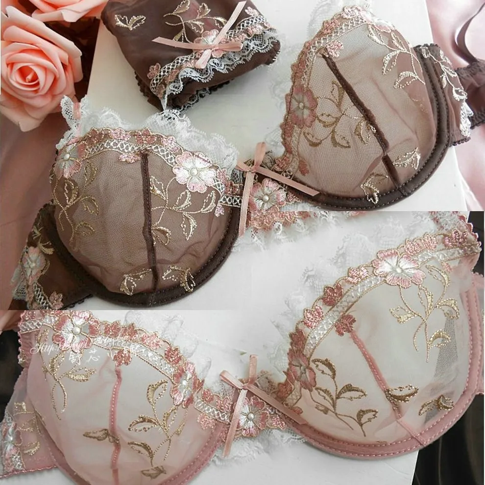 white underwear set Logirlve Exquisite embroidery lotus pink ultra-thin women's sexy transparent lace underwear bra set matching bra and panties