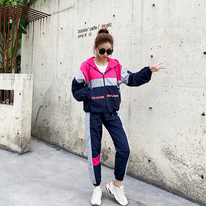 Tanie Nowy dres z kapturem zestawy dwuczęściowe damskie stroje 3 kolorowy patchwork vogue spodnie damskie garnitur ubrania casualowy dres 2019