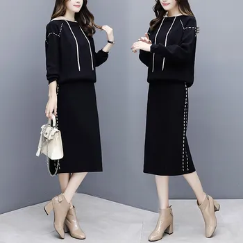 

2019 Autumn Winter Women Sweater Suits and Set Casual Hooded Knitted Sweaters Skirt 2PCS Suits Women Skirt+Jumpers Top Tracksuit