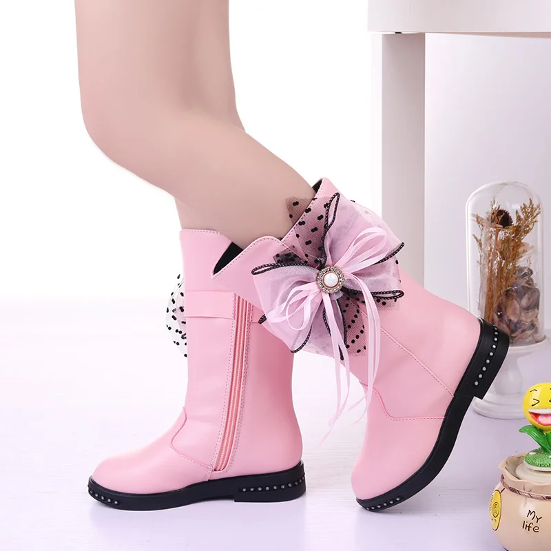 Зимняя обувь для детей девочек сапоги "Принцесса" Новые Теплые женские ботинки с вельветовой подкладкой для девочек детская кожаная обувь Шнуровка с бантиком для маленьких девочек Высокие сапоги