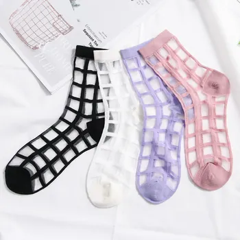 

1Pair New Women Summer Socks Fashion Sheer Mesh Glass Silk Socks Ultrathin Transparent Crystal Lace Elastic Girls Ankle Sock