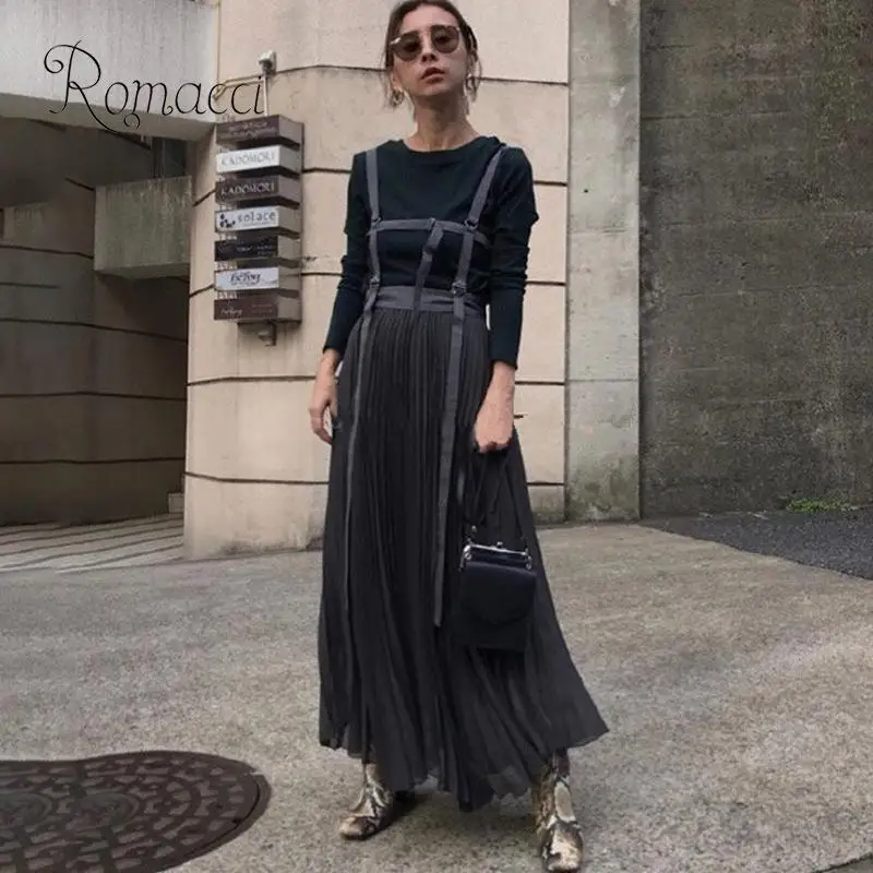 Romacci Женская модная однотонная плиссированная юбка на подтяжках эластичная длинная Повседневная Женская юбка с высокой талией серая/коричневая