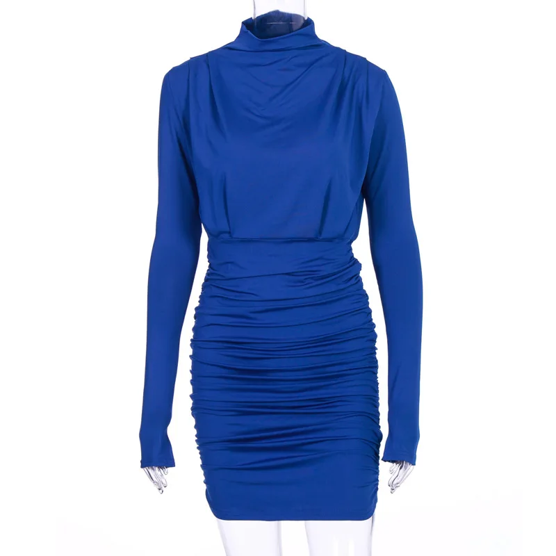 Женские мини платья с криптографическим принтом, однотонное платье со стоячим воротничком и длинным рукавом, осень, ночная Клубная одежда, платья для вечеринок в винтажном стиле - Цвет: blue