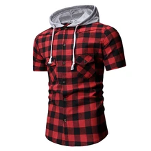 Мужская летняя рубашка с коротким рукавом и капюшоном, повседневная Клетчатая Мужская рубашка большого размера