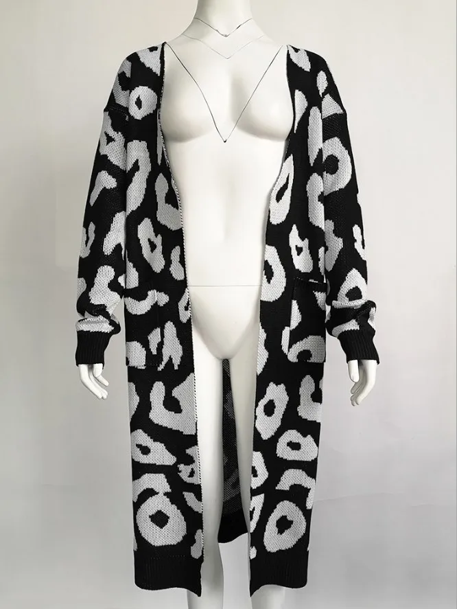 Уникальный натуральный женский леопардовый кардиган свитер открытый передний теплый длинный рукав Свободный вязаный пальто с карманами - Цвет: Черный