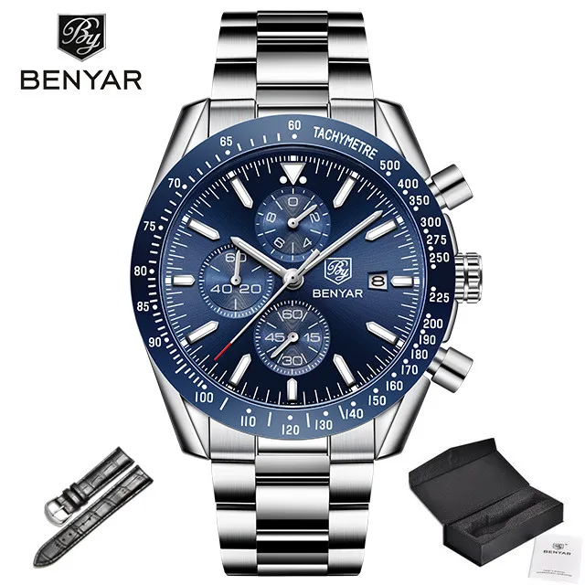 silver blue BENYAR новые мужские часы Топ бренд класса люкс кожа Водонепроницаемый Спорт кварцевые Хронограф военные часы мужские часы Relogio Masculino - Цвет: silver blue