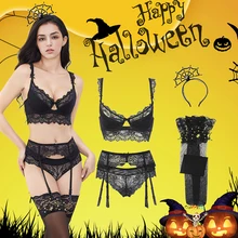 Женские костюмы на Хэллоуин пуш-ап бюстгальтеры комплект кружевное белье бюстгальтер трусики чулки с подвязками головной убор для хеллоуина 5 шт./лот