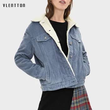 

Autumn Winter Thick Warm Lambs Lined Parkas Women Fashion Corduroy Jacket Coat Female Casual Cotton Outwear Mujer Manteau Femme