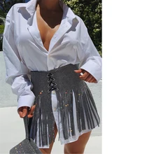 Модные женские сексуальные блестящие блестки кисточкой бандажные кружевные мини юбки высокого Пояса Вечерние Клубные юбки Jupe бикини покрытие