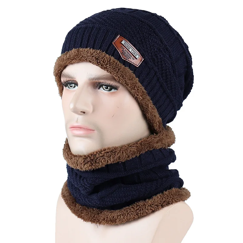 Модная мужская теплая зимняя шапка, шарф, вязаная шапка, одноцветная шапка Skullies Beanies, зимний шарф, шапка, Наборы для мужчин и женщин, вязаные шапки - Цвет: Set color 3