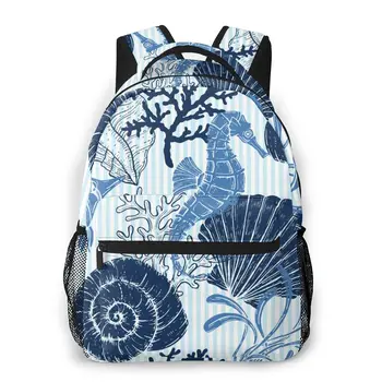 

Blue Seashell Seahorse Coral Backpack School Bags Casual for Teenager Girls Shoulder Bag Travel Bags