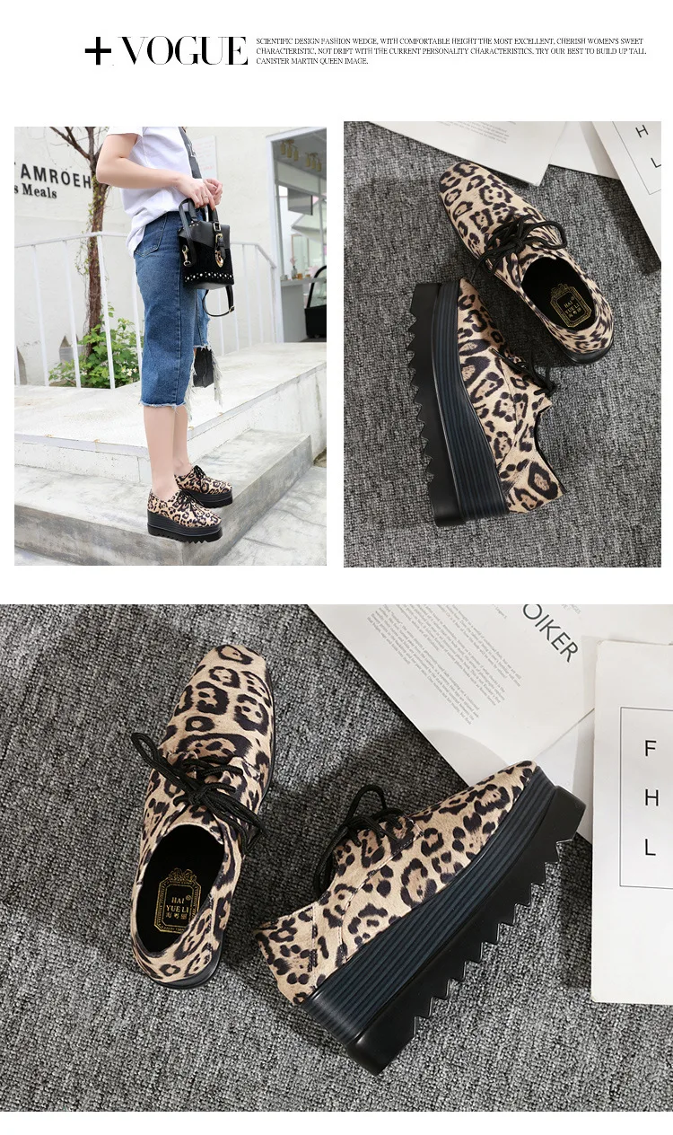 Square Toe leopard female single shoes woman wedges platform brogues creepers japanned leather lace up height increasing flats