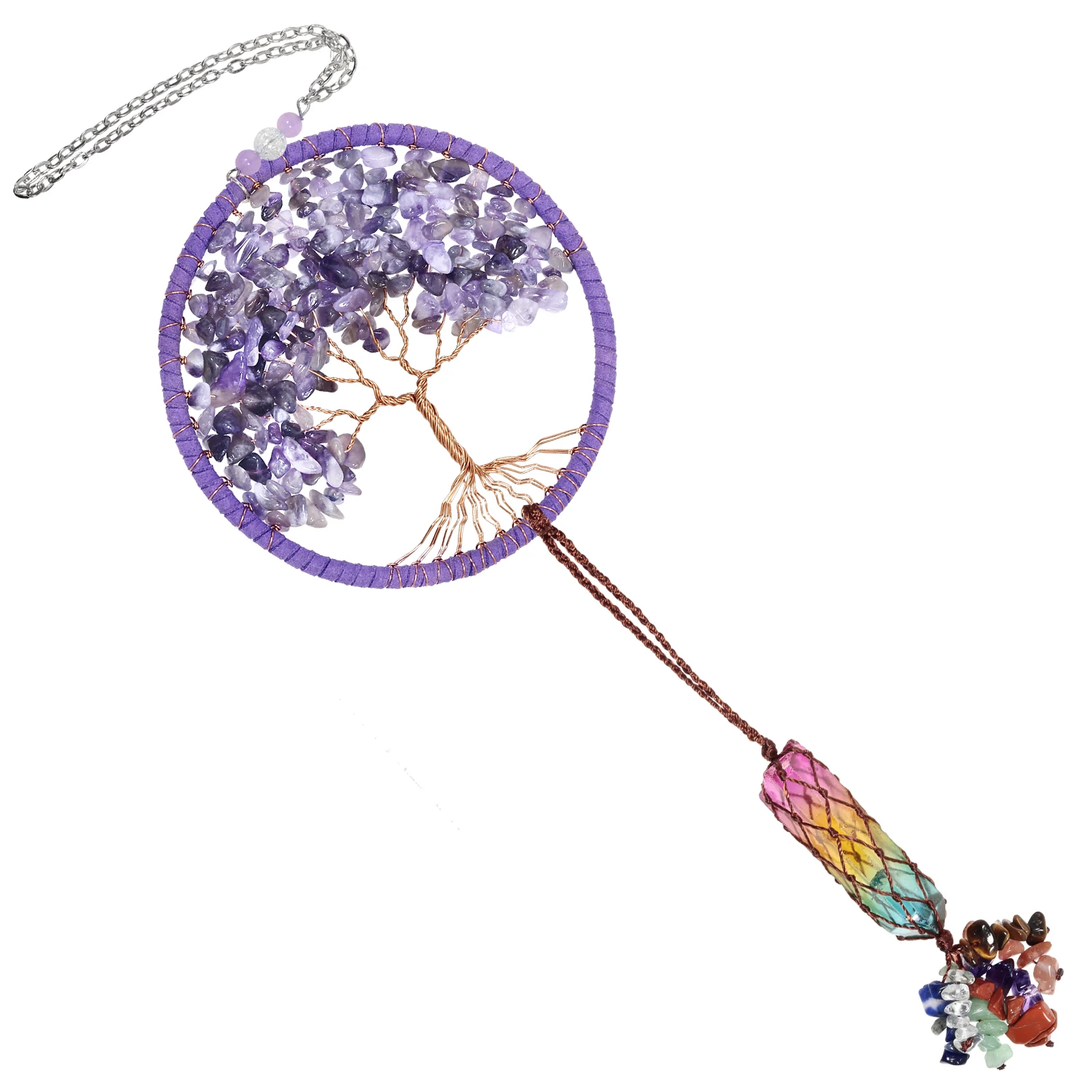 TUMBEELLUWA Healing Crystal Tree of Life Hanging Ornament,Rainbow Titanium Coated Crystal Wand with Stone Tassel for Home Decor tumbeelluwa titanium coated ab crystal cluster druzy geode heart shape gemstone figurine for meditation reiki healing home decor