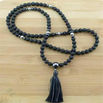 

8mm 108 natural black lava Gemstone Mala necklace band Tassel Unisex MONK Multicolor Buddhism men Sutra Chakas Wristband yoga