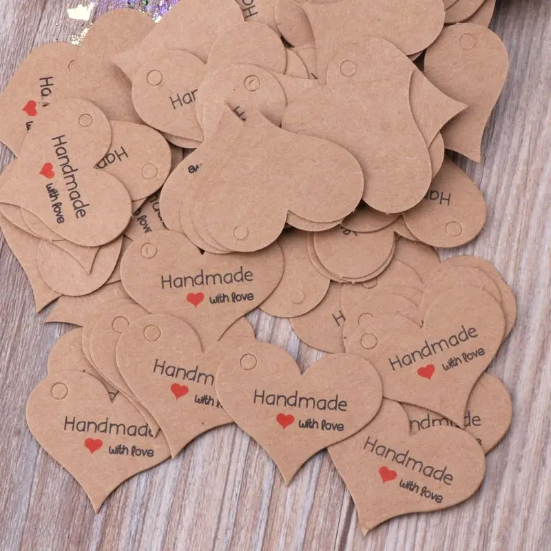 

100Pcs Heart Shape Kraft Paper Hand Made Tag DIY Gift Box Tag Candy Cupcake Handmade Favors Name Brand Price Tag Jewelry