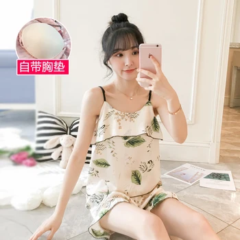 

2020 Summer Silk Satin Spaghetti Strap Sexy Lingerie Pajamas Sets for Women Shorts Print Sleepwear Homewear Pijama Mujer Clothes