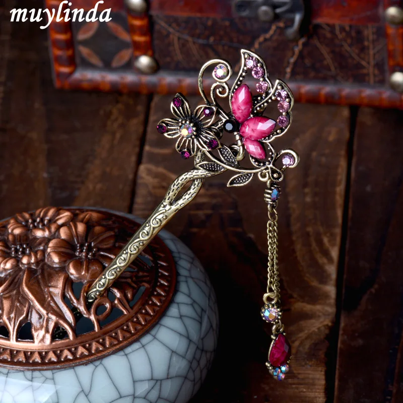 Vintage Rhinestone Butterfly Hair Stick Jewelry Wedding Hair Accessories Charm Metal Hairpins jewelry accessories hair accessory hair stick