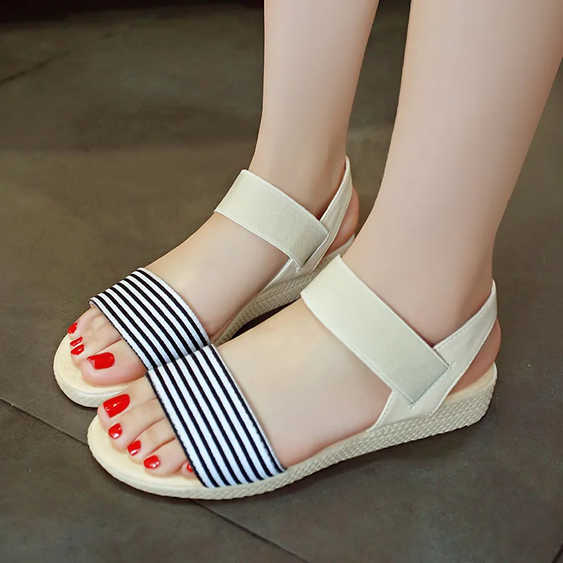 

Summer New Style Flat Heel Stripes Star Elastic Band Sandals Women's Peep-Toe Anti-slip Students WOMEN'S Casual Shoes