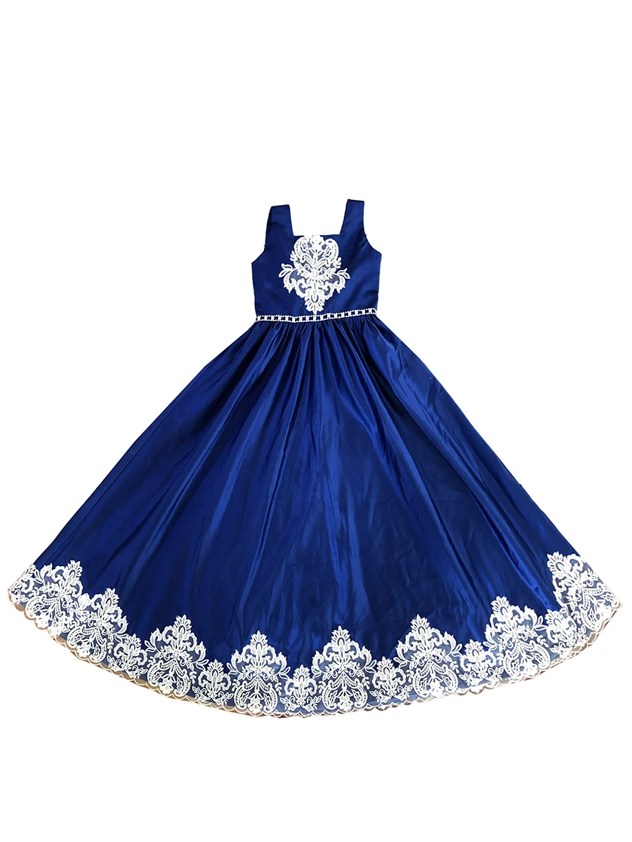 Blue 7131 New in square collar A-line floor-length bule fashion flower girl dresses appliques&beaded&belt&bow free shipping - Color: Blue