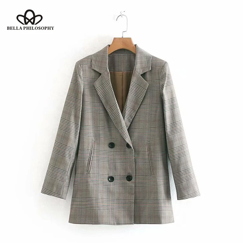 

Bella philosophy Women Autumn Long Sleeve Plaid Blazers Jackets Vintage Loose Female Double Breasted Blazers Casual OL Outwears