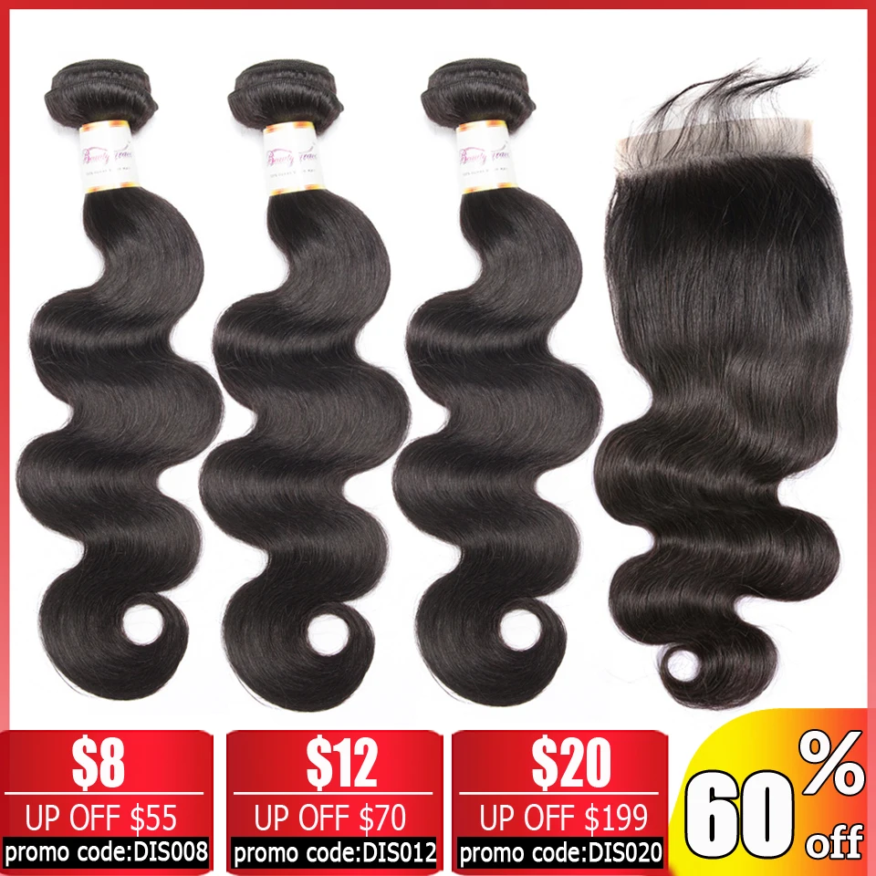 

Brazilian Hair Weave Bundles With Closure 30 32 Inch Human Hair 3 Bundles With Closure Non-Remy Body Wave Bundles With Closure
