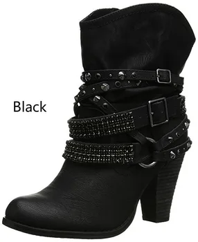 

2019 New Women's flat boots Pu Shoes woman Round head Solid Color Buckle Strap fashion Women's Winter boots Size 35-43