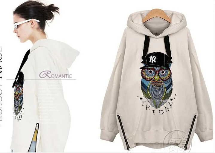 

Europe And America Large Size Large Size Dress Fat Mm Slimming Pullover Owl plus Velvet Hoodie Coat Base Shirt