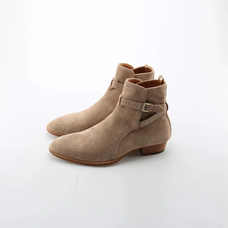 Men chelsea boots vintage leather suede harness ankle buckle strap