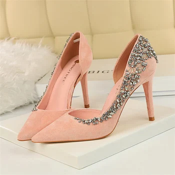 

2020 European Wedding Shoes Female Rhinestone Crystal Pink Nude Heels Stiletto Fashion Pointed Toe Red High Heels Bridal Shoes