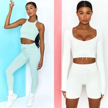 

2pcs Set Women Yoga Sets Seamless Sports Sets Fitness Bra Long Sleeve Crop Top Shirts High Waist Running Leggings Workout Pants