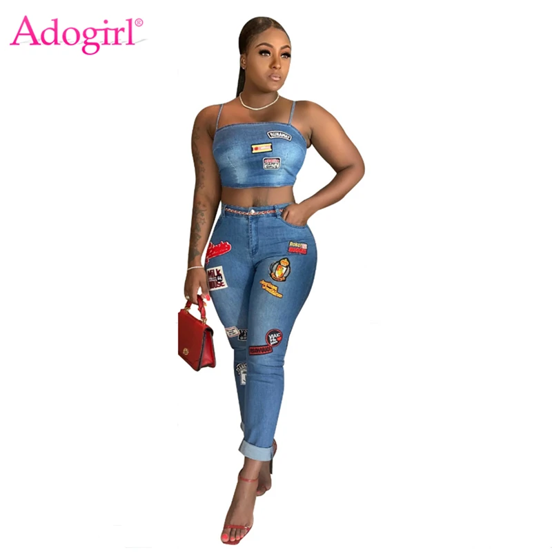 Adogirl мультфильм патч джинсы комплект из двух частей на тонких бретельках