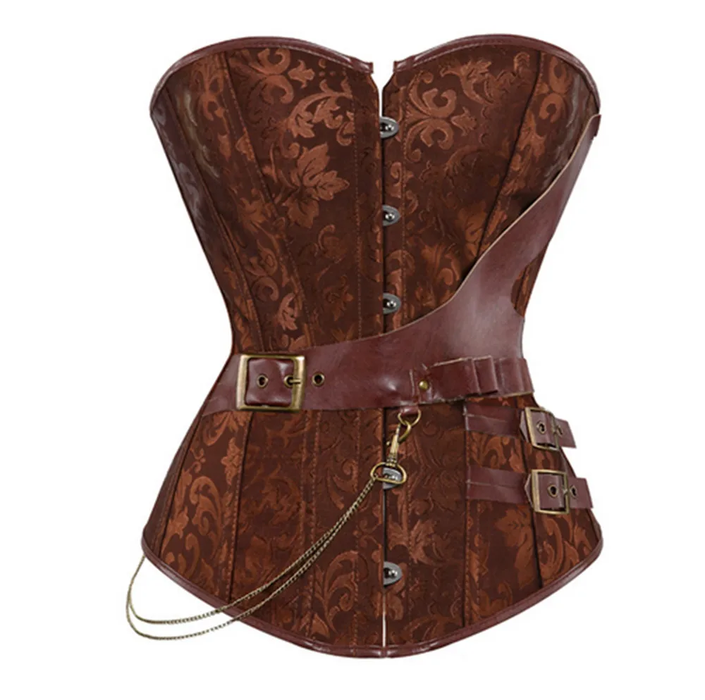 

New Fashion Women's Sexy Brown Jacquard Gothic Corset Steampunk Faux Leather Chains Bustier Waist Sliming Plus Size S-6XL