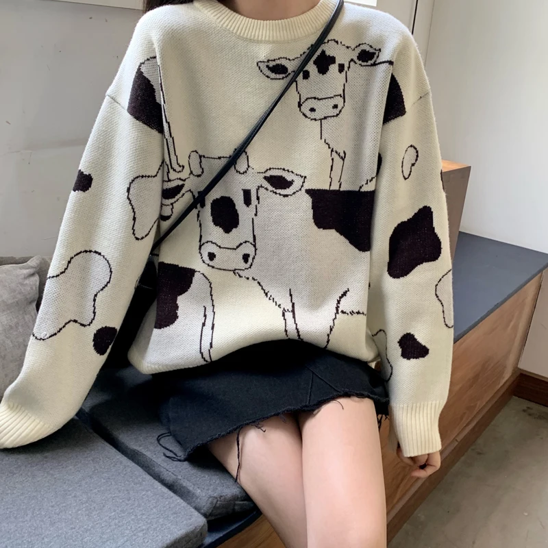 

Farm Cows Printed Women White Knitted Sweater Long Sleeve Lazy Style Korean Style Jumper Tops