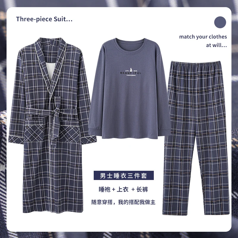 3pcs Men's Robe Gown Pajamas Set Plus Size 3xl 4xl Leisure Homewear Pajamas Set+robe Long Sleeved Spring Autumn Sleepwear Cotton mens cotton pjs