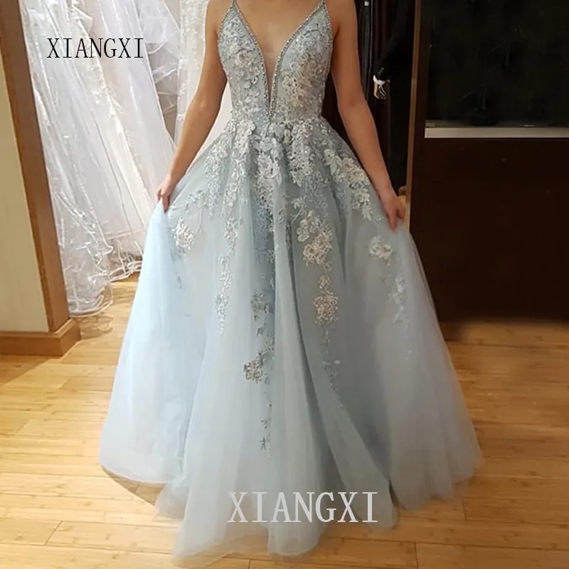 Bleu clair belle robe de bal une ligne belle Appliques dentelle col en V dos ouvert fille robe de soireue f e Tulle