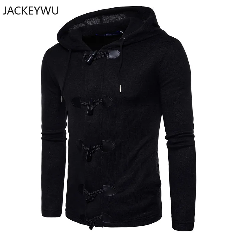 Brand Horn Buckle Sweatercoat Men Autumn Fashion Hooded Cardigan Solid Color Slim Casual Kintted Coats Men Hip Hop Pull