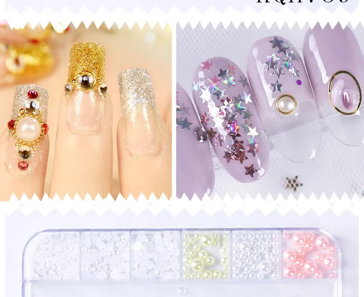 1 Box 12 Colors Multi-size 3D Nail Art Decorations Pearl/Rivet/Stones Flat-back Crystal Gems Rhinestones DIY Glitter Nail Sequin