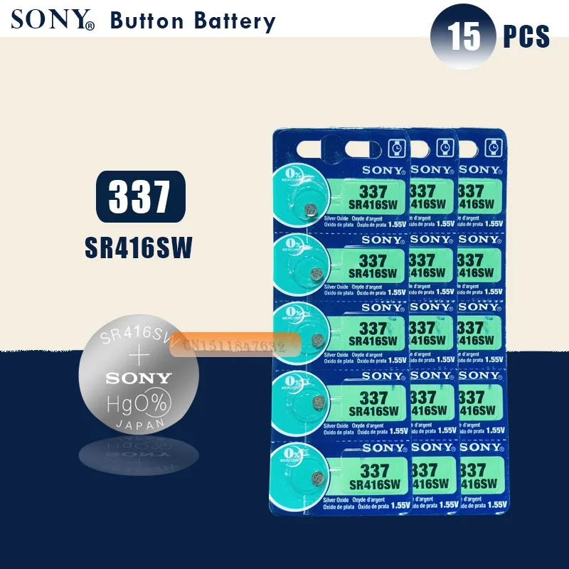 15pc Sony Original 337 SR416SW 1.55V Silver Oxide Watch Battery SR416SW 337 Button Coin Cell MADE IN JAPAN