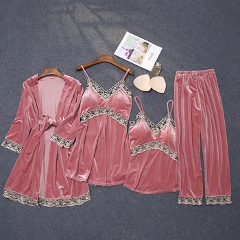 

Lisacmvpnel Winter Sexy Lace Hollow-out Gold Velvet Pajamas Women Long Sleeved Sling Four-piece Set Chest Pad Pyjamas