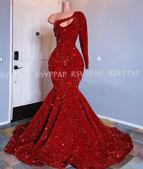 

Long Sparkly Red Prom Dresses 2020 Sexy Mermaid Single Long Sleeve Sequin African Black Girl Women Prom Gala Dress