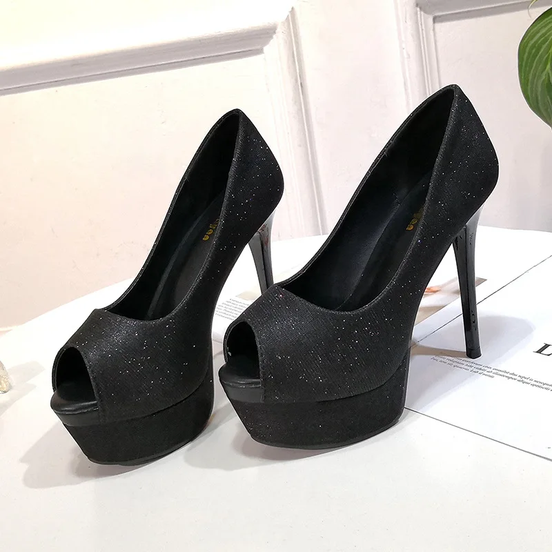 

2018 Autumn And Winter New Style Waterproof Platform Fish Mouth Sequin Thin Heeled Ultra-High Heel Shoes Wedding Shoes WOMEN'S S